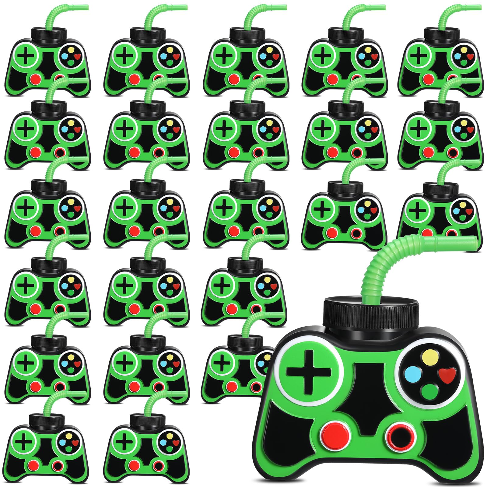 Mifoci 24 Pcs Video Game Party Cups - 12oz Green with Straw & Lid