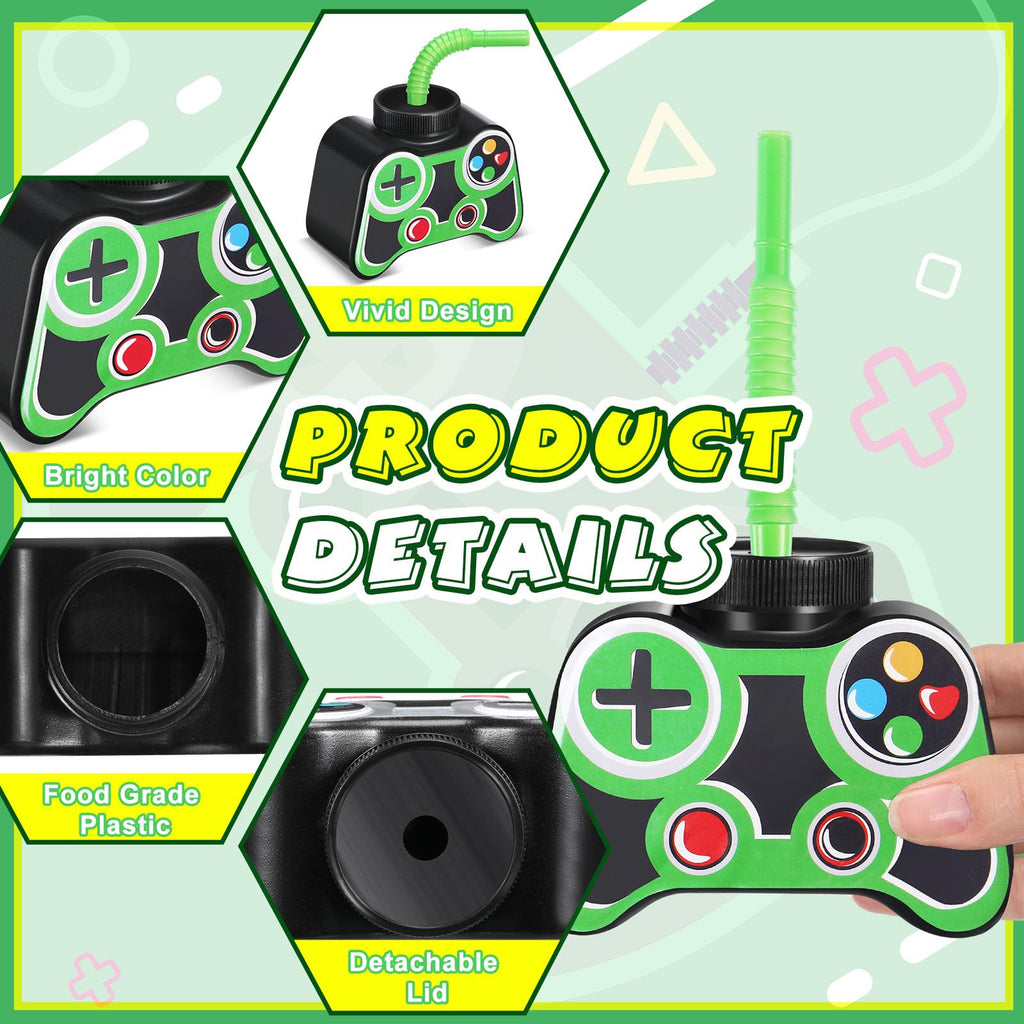 Mifoci 12 Pcs Plastic Video Game Cups with Straw and Lid 10oz Green – Gamer Birthday Party Supplies