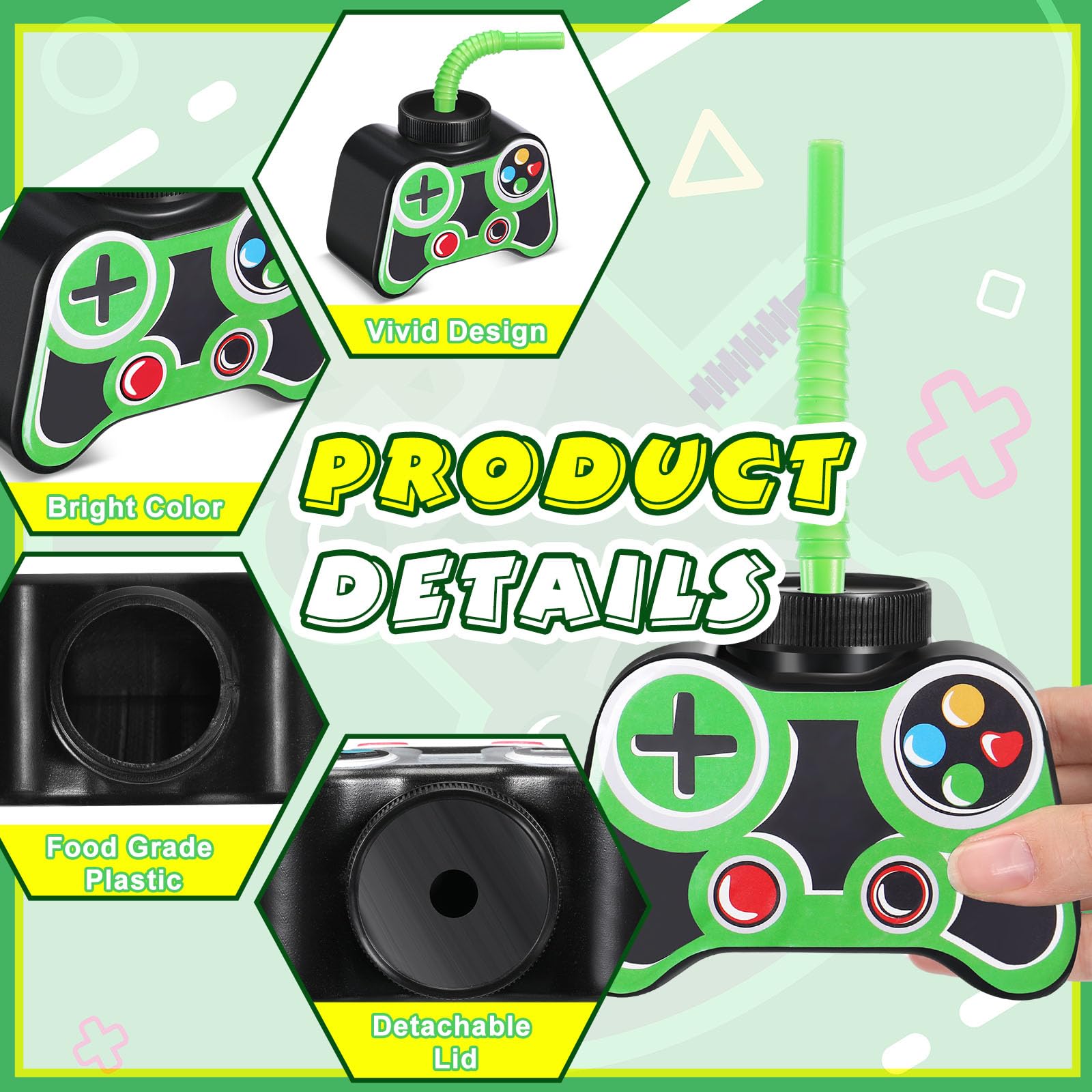 Mifoci 12 Pcs Plastic Video Game Cups with Straw and Lid 10oz Green – Gamer Birthday Party Supplies
