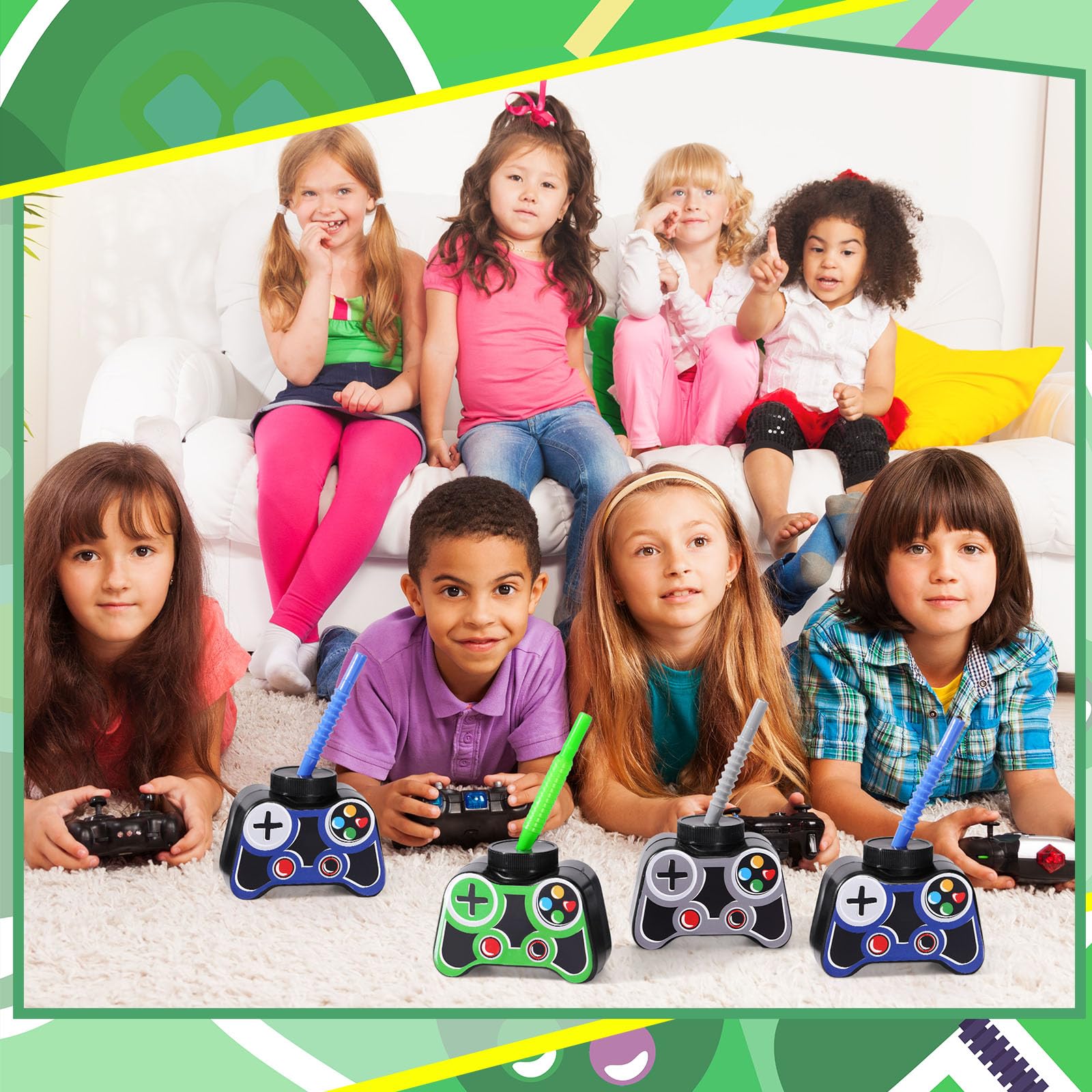 Mifoci 24 Pcs Video Game Party Cups - 12oz Green with Straw & Lid