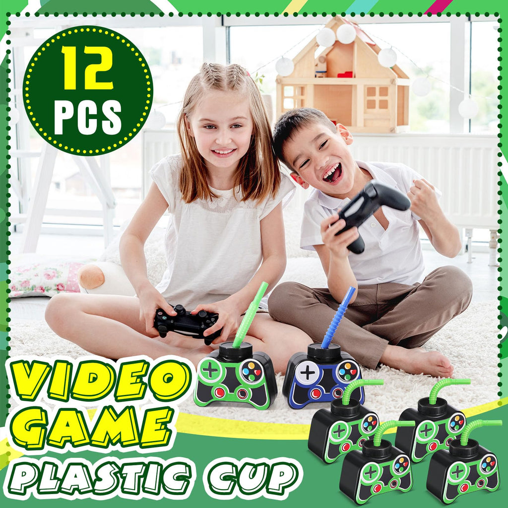 Mifoci 12 Pcs Plastic Video Game Cups with Straw and Lid 10oz Green – Gamer Birthday Party Supplies