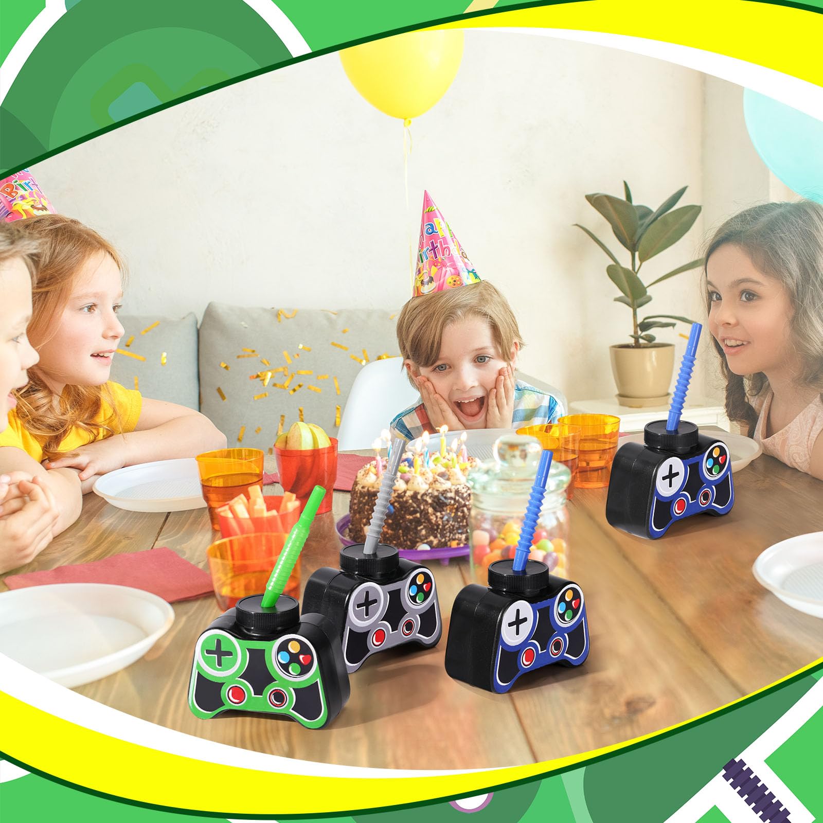 Mifoci 12 Pcs Plastic Video Game Cups with Straw and Lid 10oz Green – Gamer Birthday Party Supplies