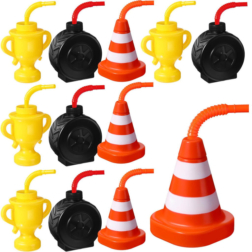 Mifoci 12-Pack Construction Cone & Tire Shaped Cups with Straws – 10 oz Party Favors