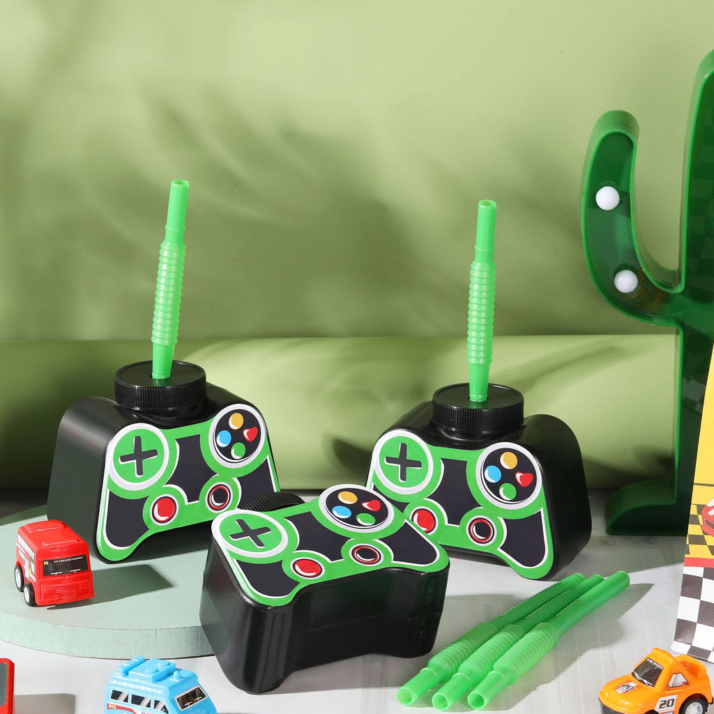 Mifoci 12 Pcs Plastic Video Game Cups with Straw and Lid 10oz Green – Gamer Birthday Party Supplies