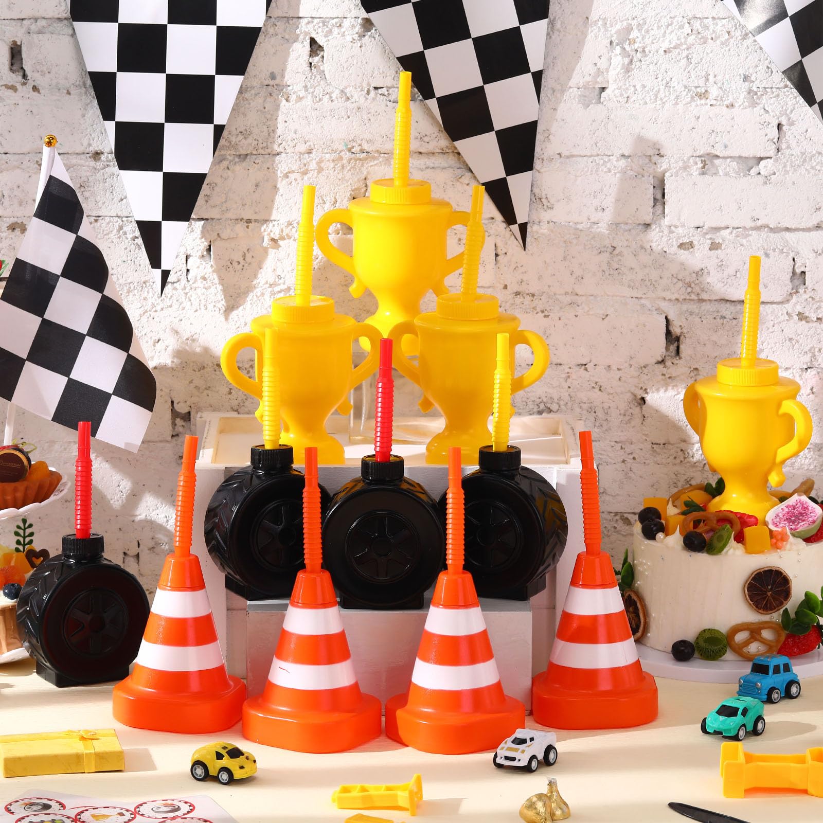Mifoci 12-Pack Construction Cone & Tire Shaped Cups with Straws – 10 oz Party Favors