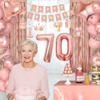 Miidenks Rose Gold 70th Birthday Decorations for Women – Banner, Fringe Curtains & Balloons
