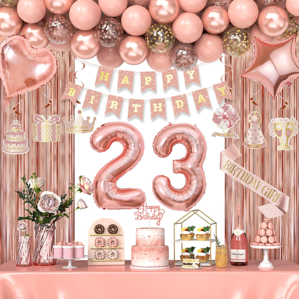 Miidenks 23rd Birthday Decorations – Rose Gold Party Supplies with Banner, Balloons & Fringe Curtains