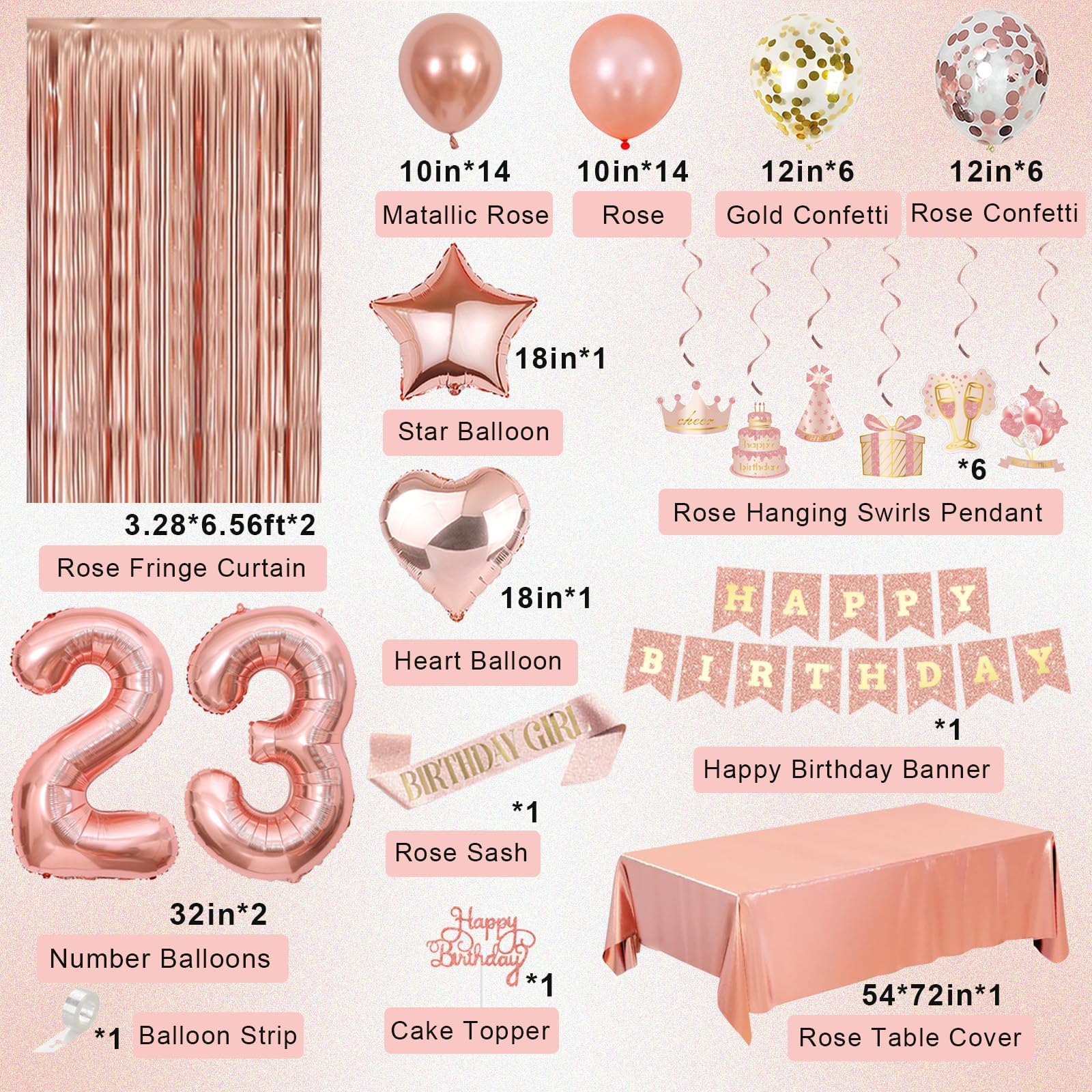Miidenks 23rd Birthday Decorations – Rose Gold Party Supplies with Banner, Balloons & Fringe Curtains