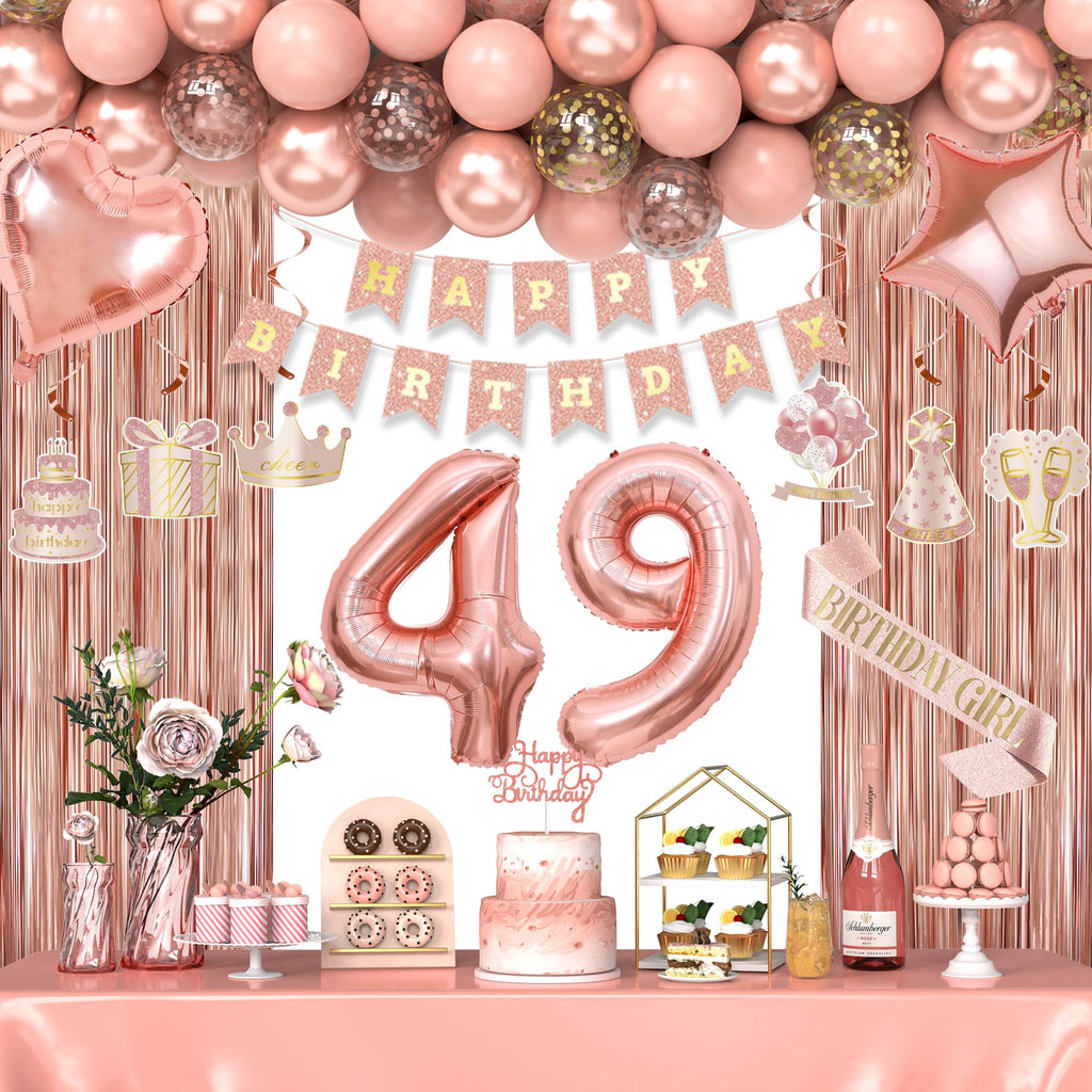 Miidenks Rose Gold 49th Birthday Decorations for Women | Banner, Balloons, Fringe Curtains