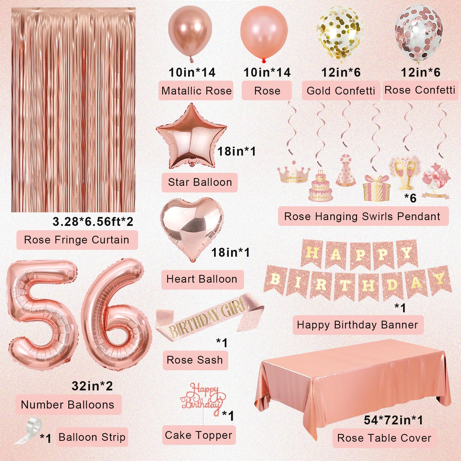 Miidenks 56th Birthday Decorations for Women – Rose Gold Party Supplies with Banner & Balloons