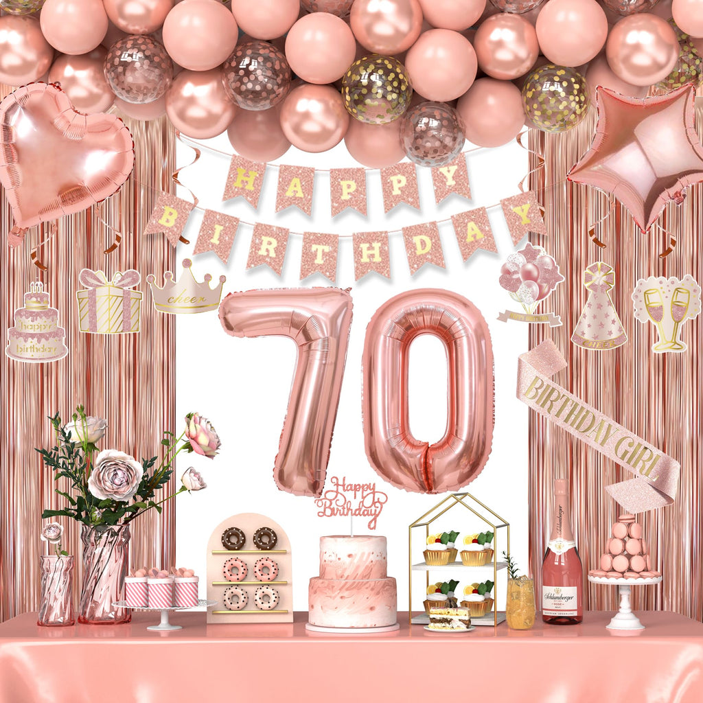 Miidenks Rose Gold 70th Birthday Decorations for Women – Banner, Fringe Curtains & Balloons
