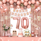 Miidenks Rose Gold 70th Birthday Decorations for Women – Banner, Fringe Curtains & Balloons
