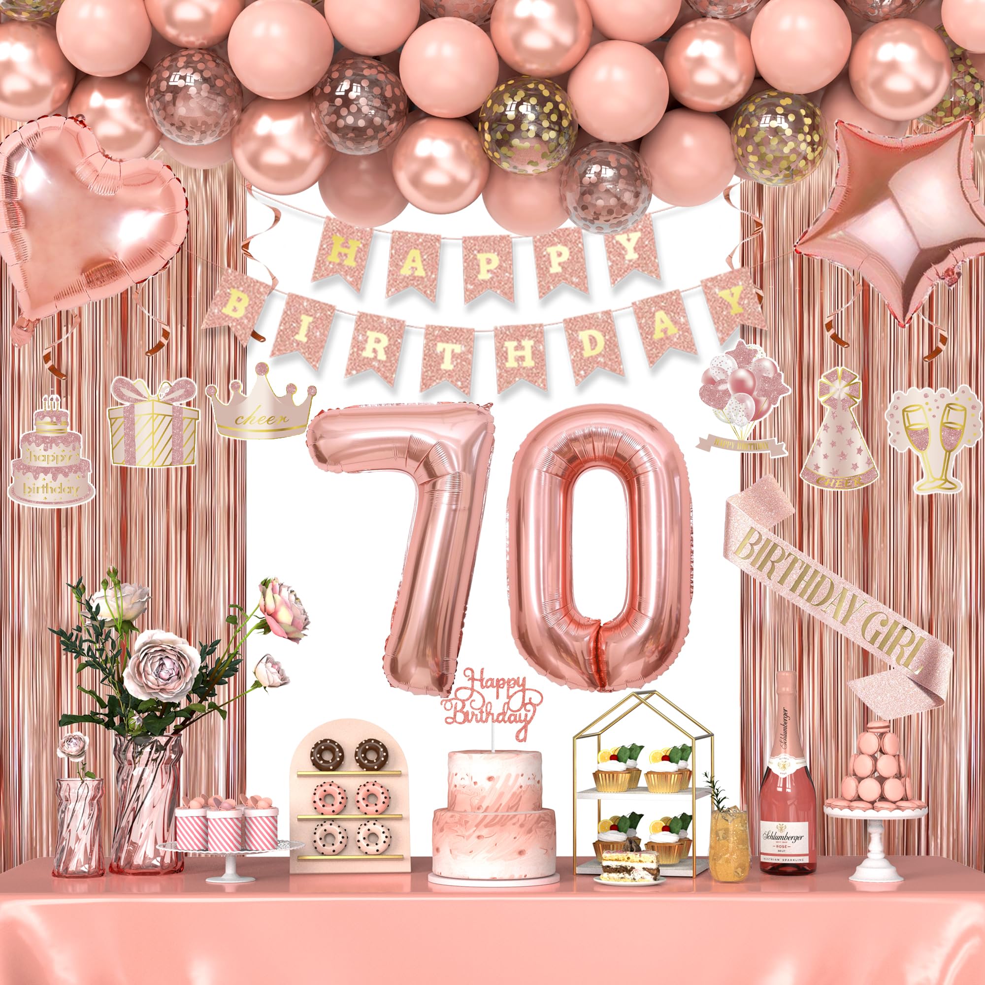 Miidenks Rose Gold 70th Birthday Decorations for Women – Banner, Fringe Curtains & Balloons