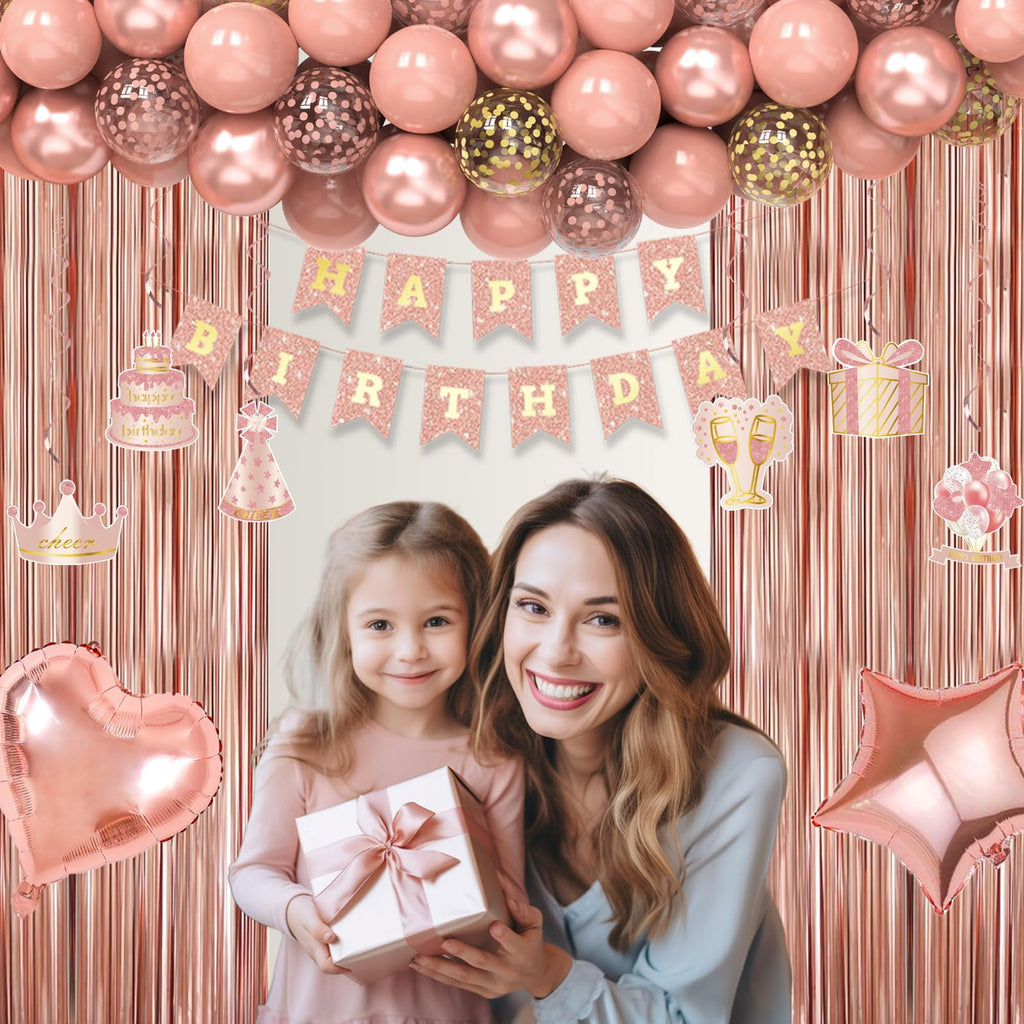 Miidenks Rose Gold 70th Birthday Decorations for Women – Banner, Fringe Curtains & Balloons