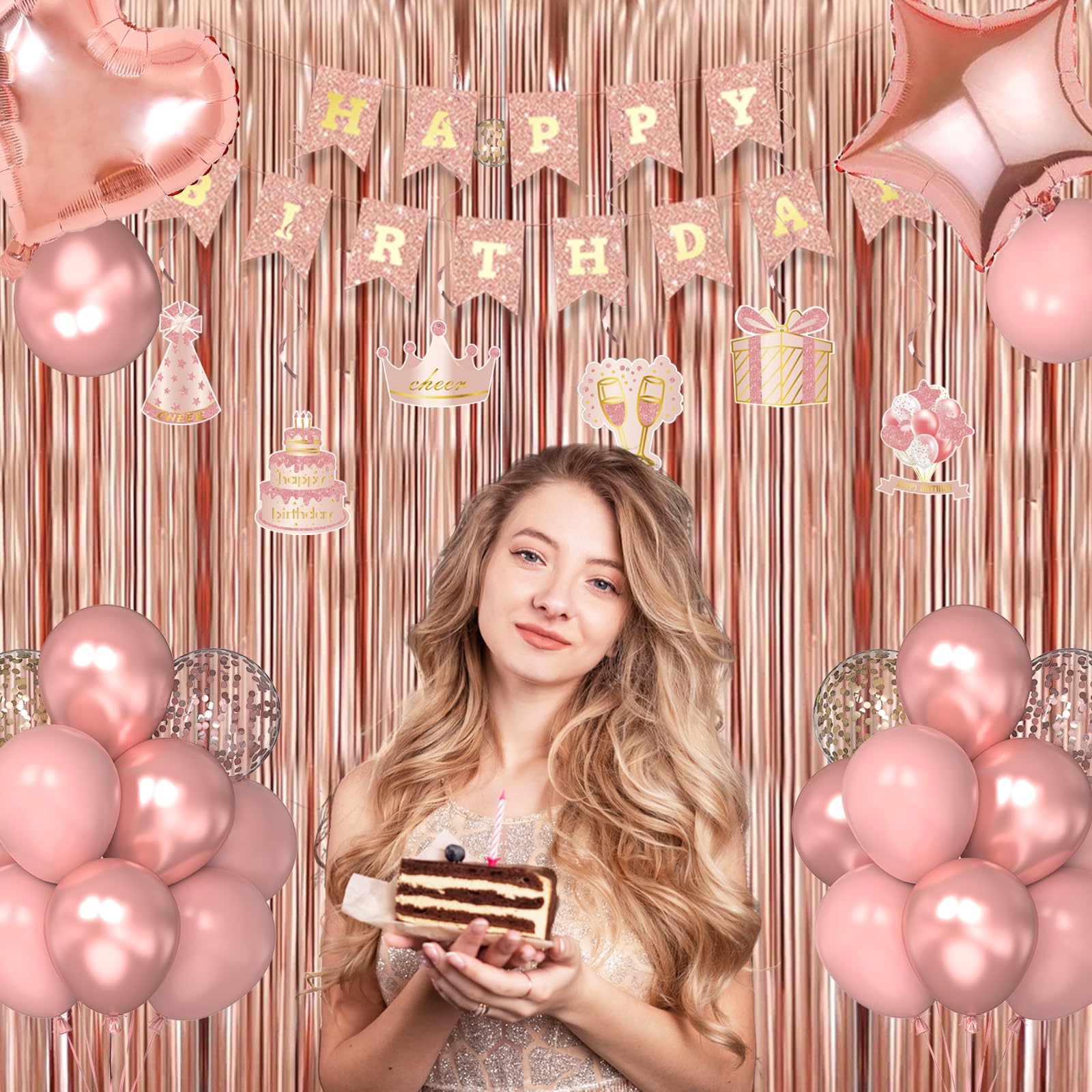 Miidenks Rose Gold 49th Birthday Decorations for Women | Banner, Balloons, Fringe Curtains