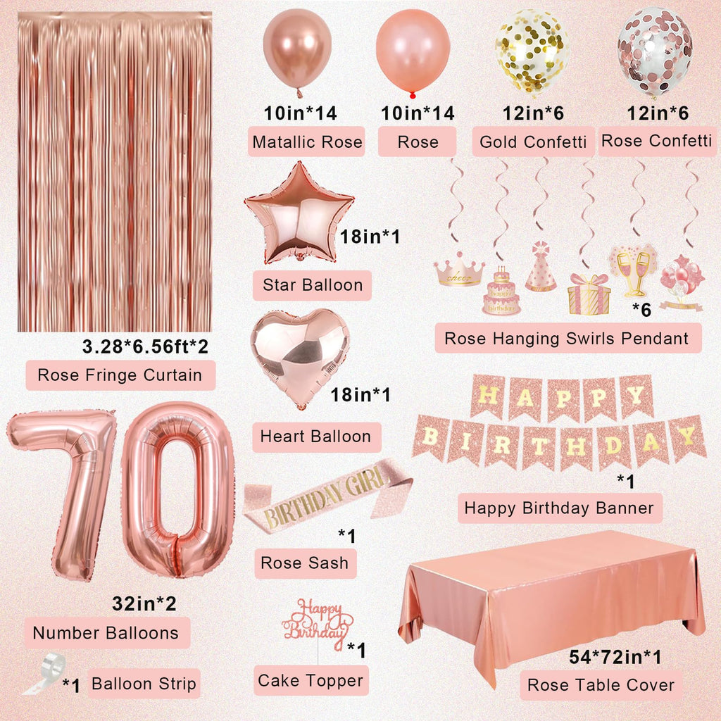 Miidenks Rose Gold 70th Birthday Decorations for Women – Banner, Fringe Curtains & Balloons