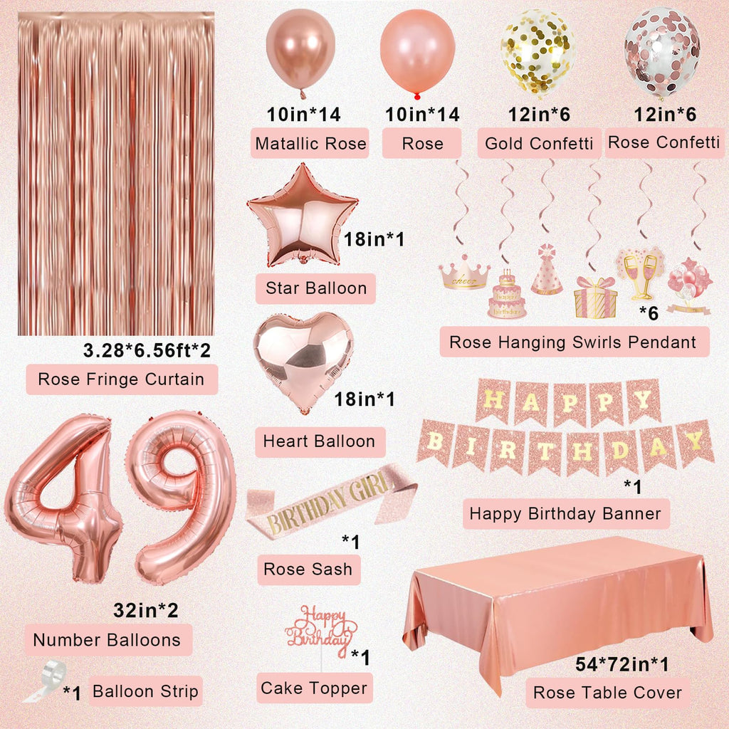 Miidenks Rose Gold 49th Birthday Decorations for Women | Banner, Balloons, Fringe Curtains