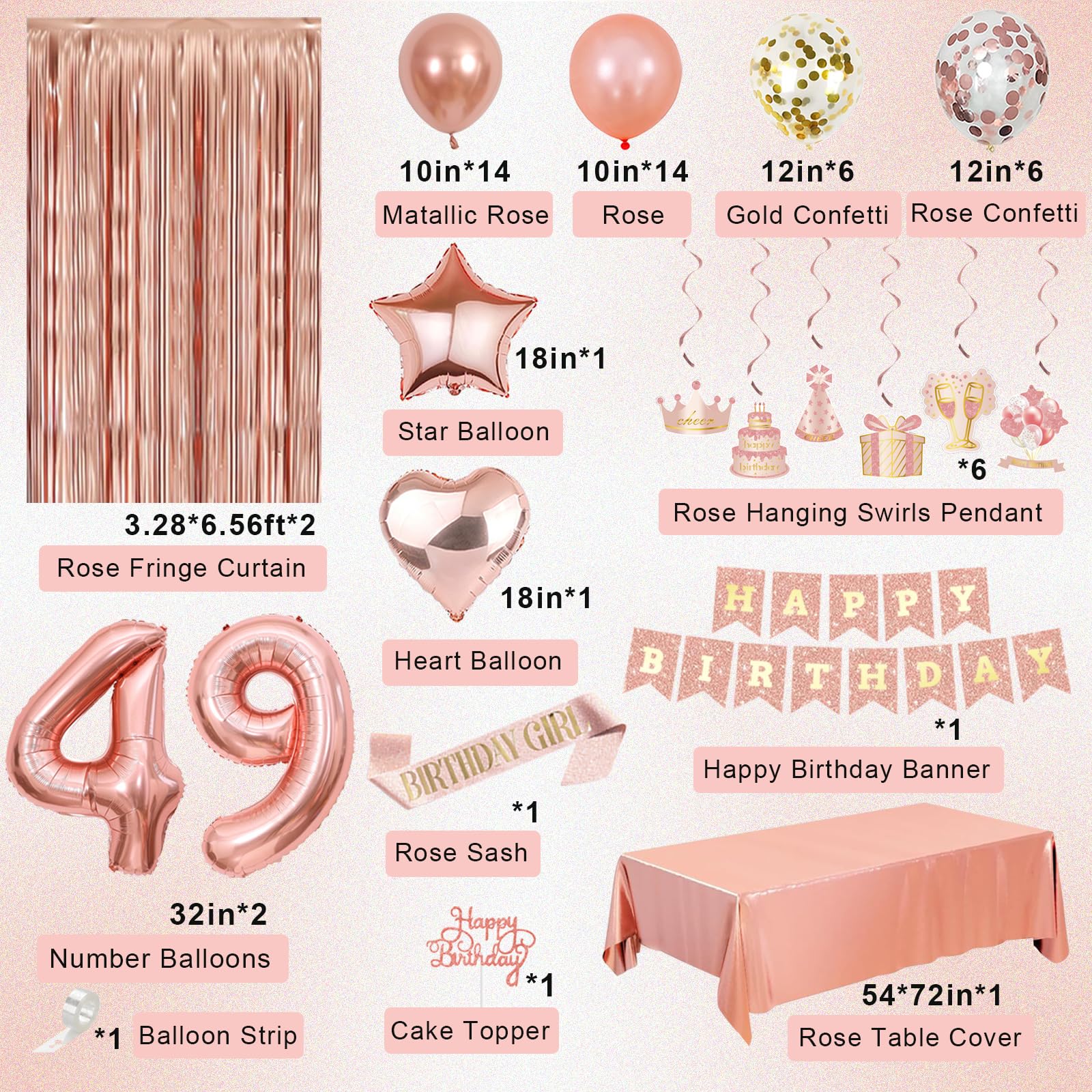 Miidenks Rose Gold 49th Birthday Decorations for Women | Banner, Balloons, Fringe Curtains