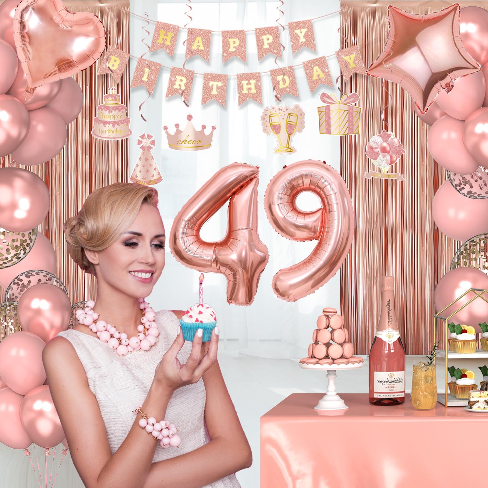 Miidenks Rose Gold 49th Birthday Decorations for Women | Banner, Balloons, Fringe Curtains