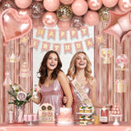 Miidenks Rose Gold 70th Birthday Decorations for Women – Banner, Fringe Curtains & Balloons