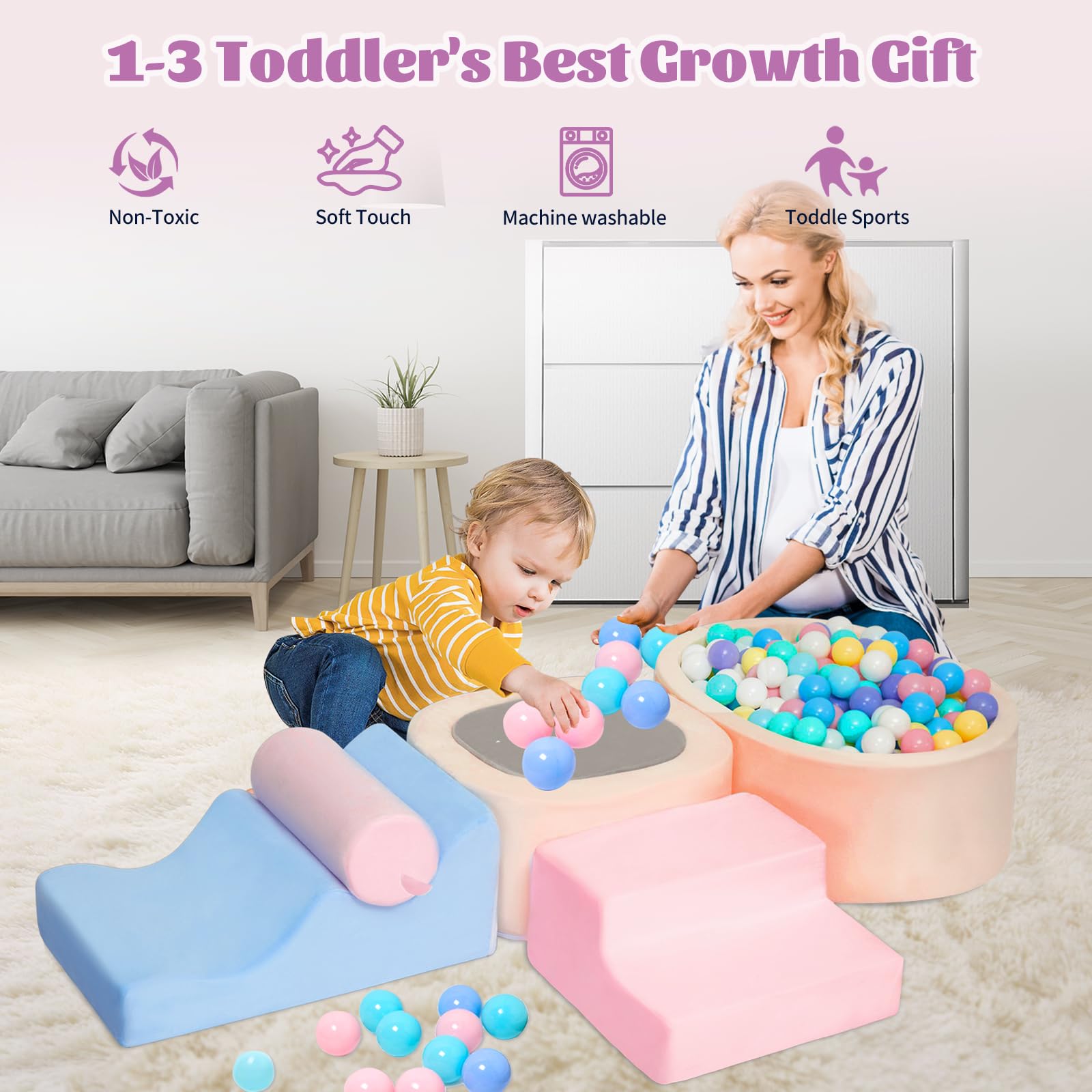 MIND&ACTION 6-Piece Toddler Climbing Toys with Ball Pit | Indoor Foam Blocks