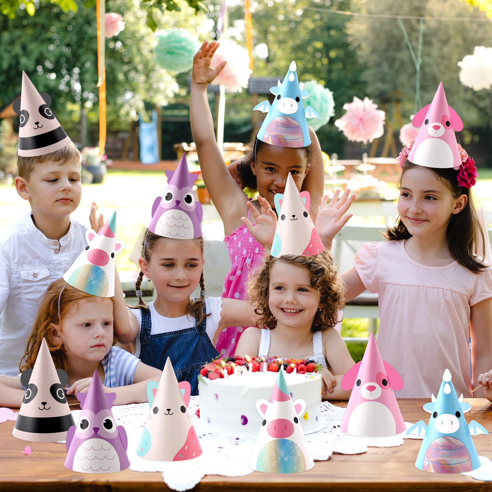 MinFyberd 24 Pcs Cute Animal Party Hats – Kawaii Cone Crowns for Kids & Adults
