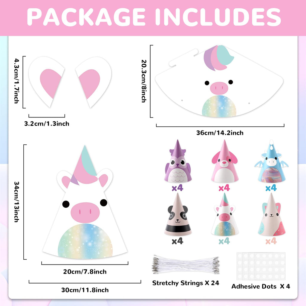 MinFyberd 24 Pcs Cute Animal Party Hats – Kawaii Cone Crowns for Kids & Adults
