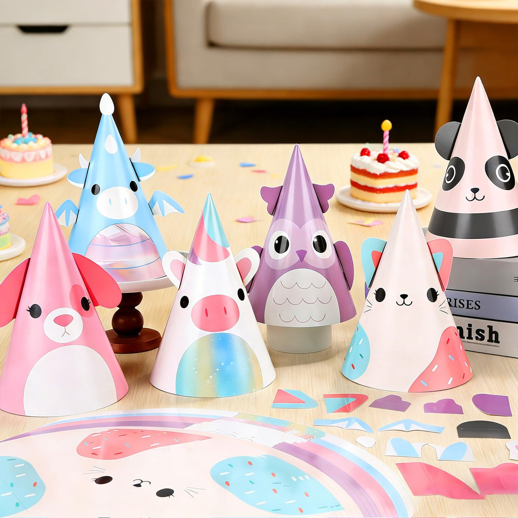 MinFyberd 24 Pcs Cute Animal Party Hats – Kawaii Cone Crowns for Kids & Adults