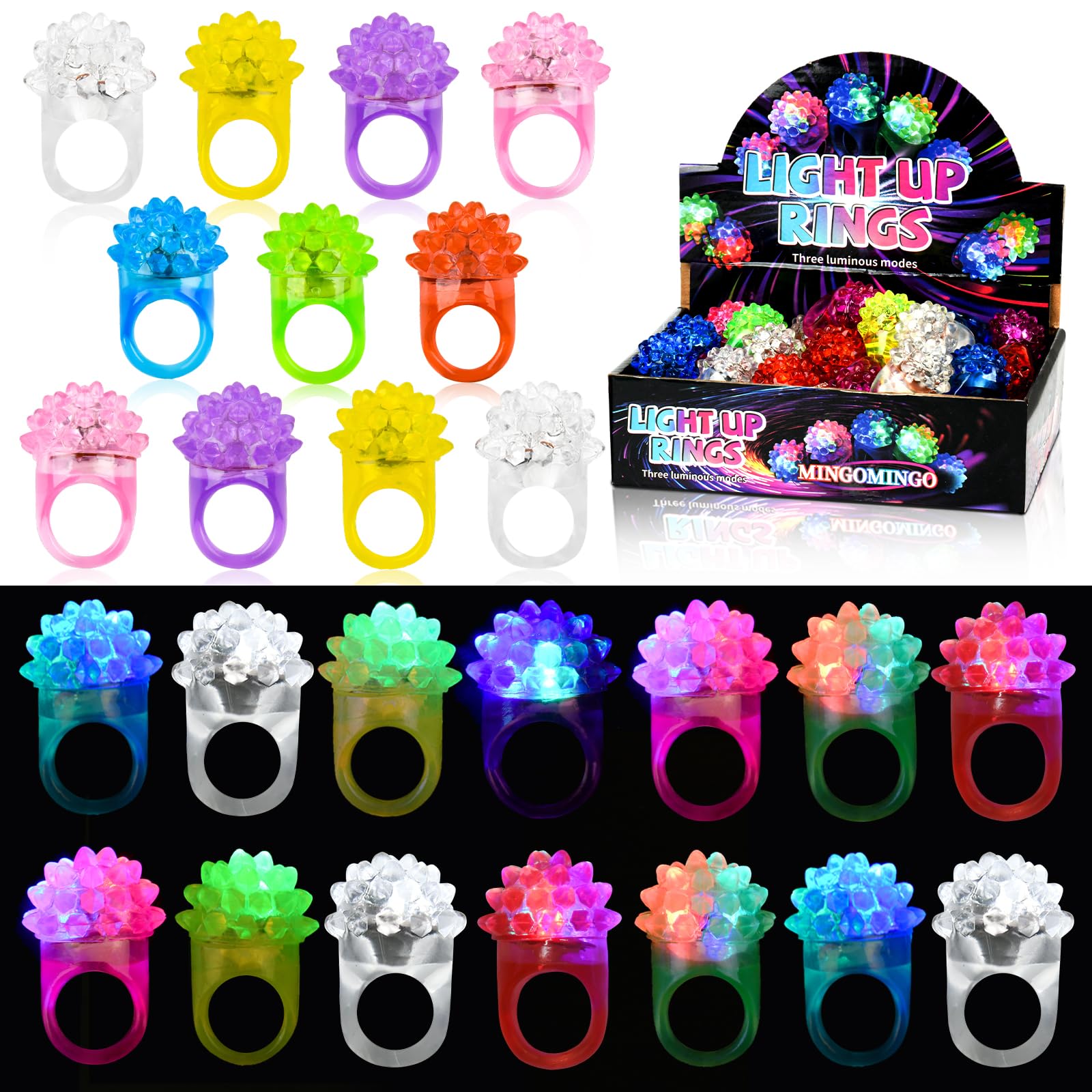 MINGOMINGO LED Light Up Rings – 3-Mode Glow Party Favors for Kids