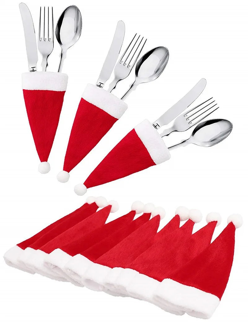 Mini Christmas Hat Cutlery Holders – Festive Tableware Bags for Holiday Dining & Decoration