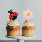 MINUET MINUTE 24PCS Ladybug Cupcake Toppers – Pink Flower Dessert Picks for Summer Garden Parties
