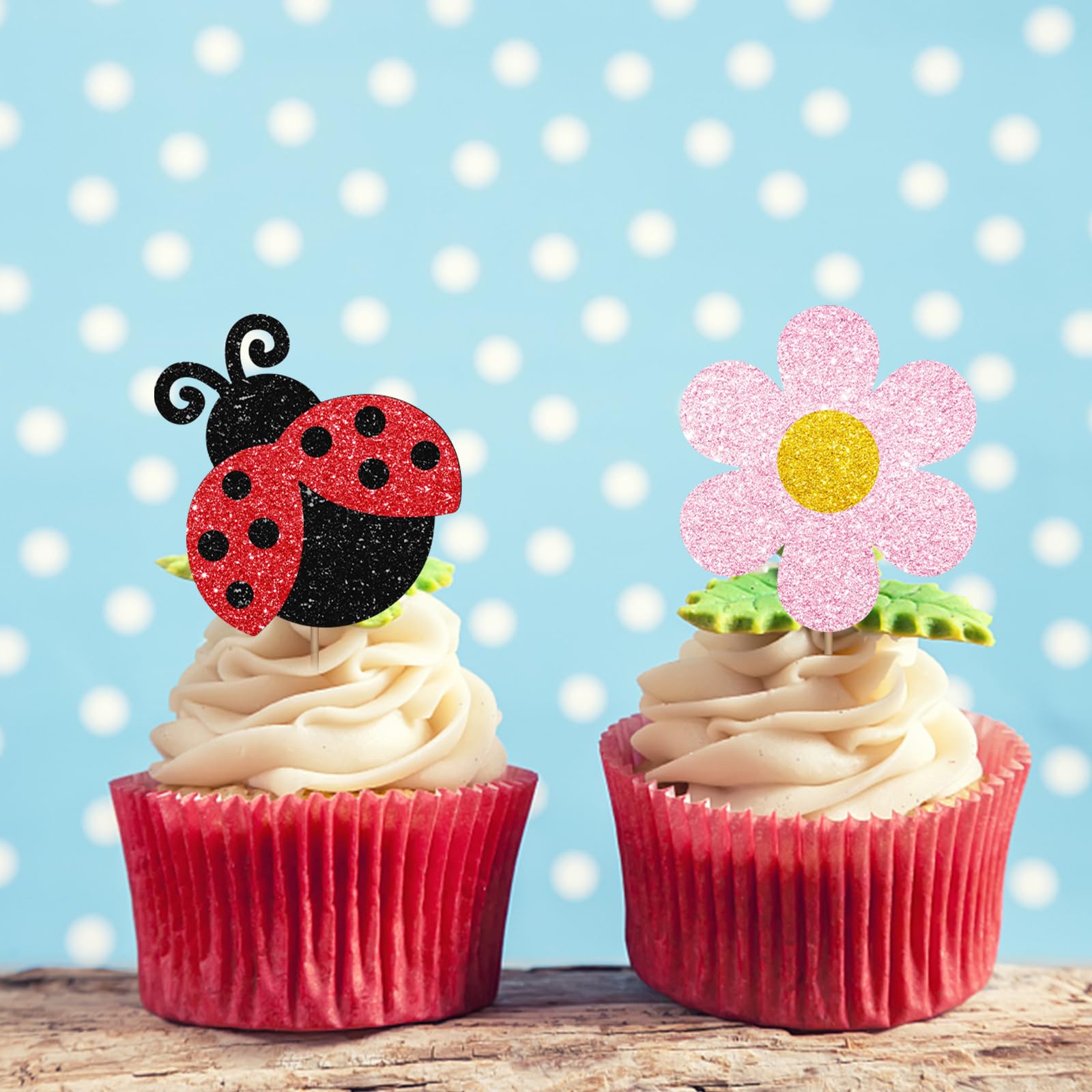MINUET MINUTE 24PCS Ladybug Cupcake Toppers – Pink Flower Dessert Picks for Summer Garden Parties