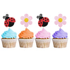 MINUET MINUTE 24PCS Ladybug Cupcake Toppers – Pink Flower Dessert Picks for Summer Garden Parties