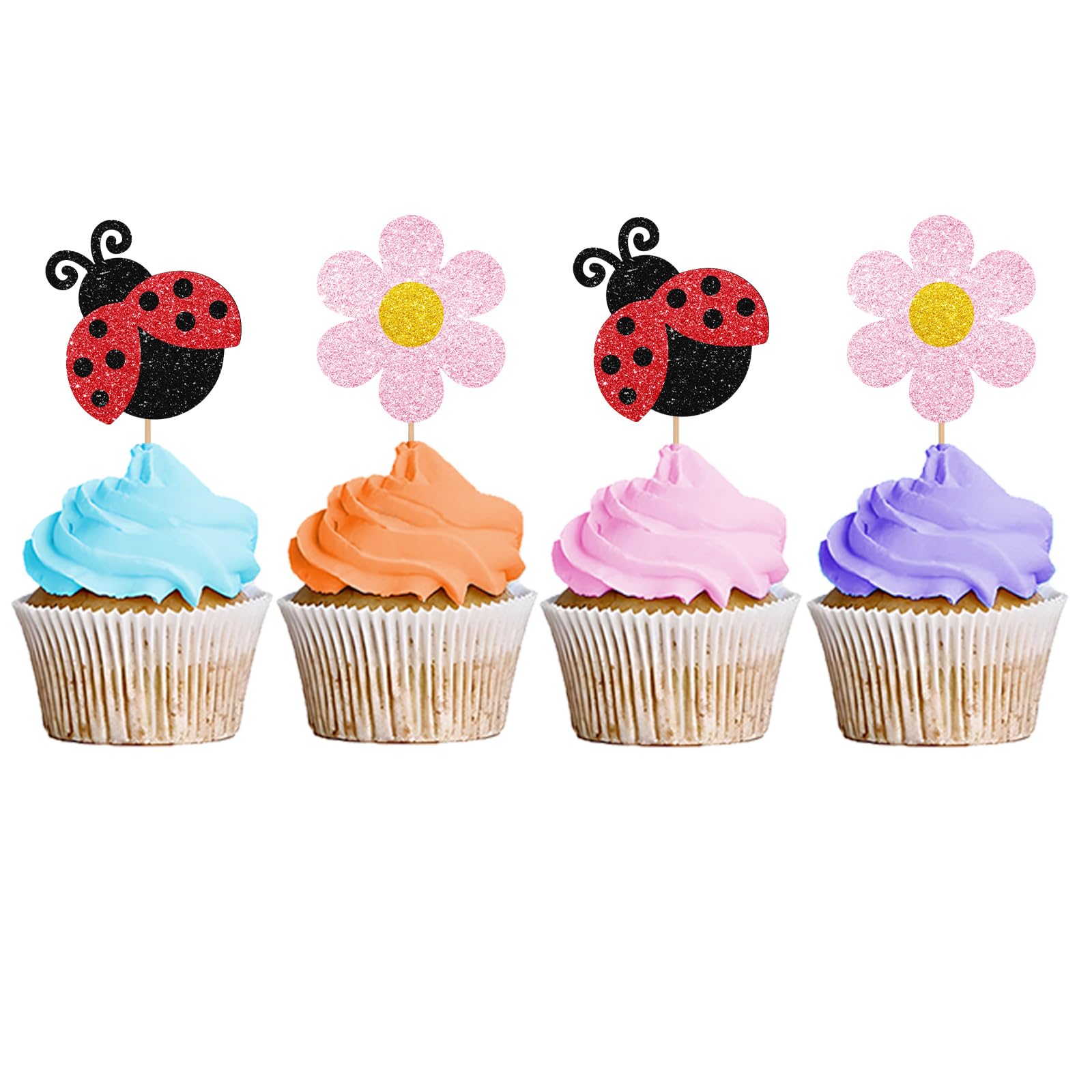 MINUET MINUTE 24PCS Ladybug Cupcake Toppers – Pink Flower Dessert Picks for Summer Garden Parties