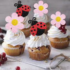 MINUET MINUTE 24PCS Ladybug Cupcake Toppers – Pink Flower Dessert Picks for Summer Garden Parties