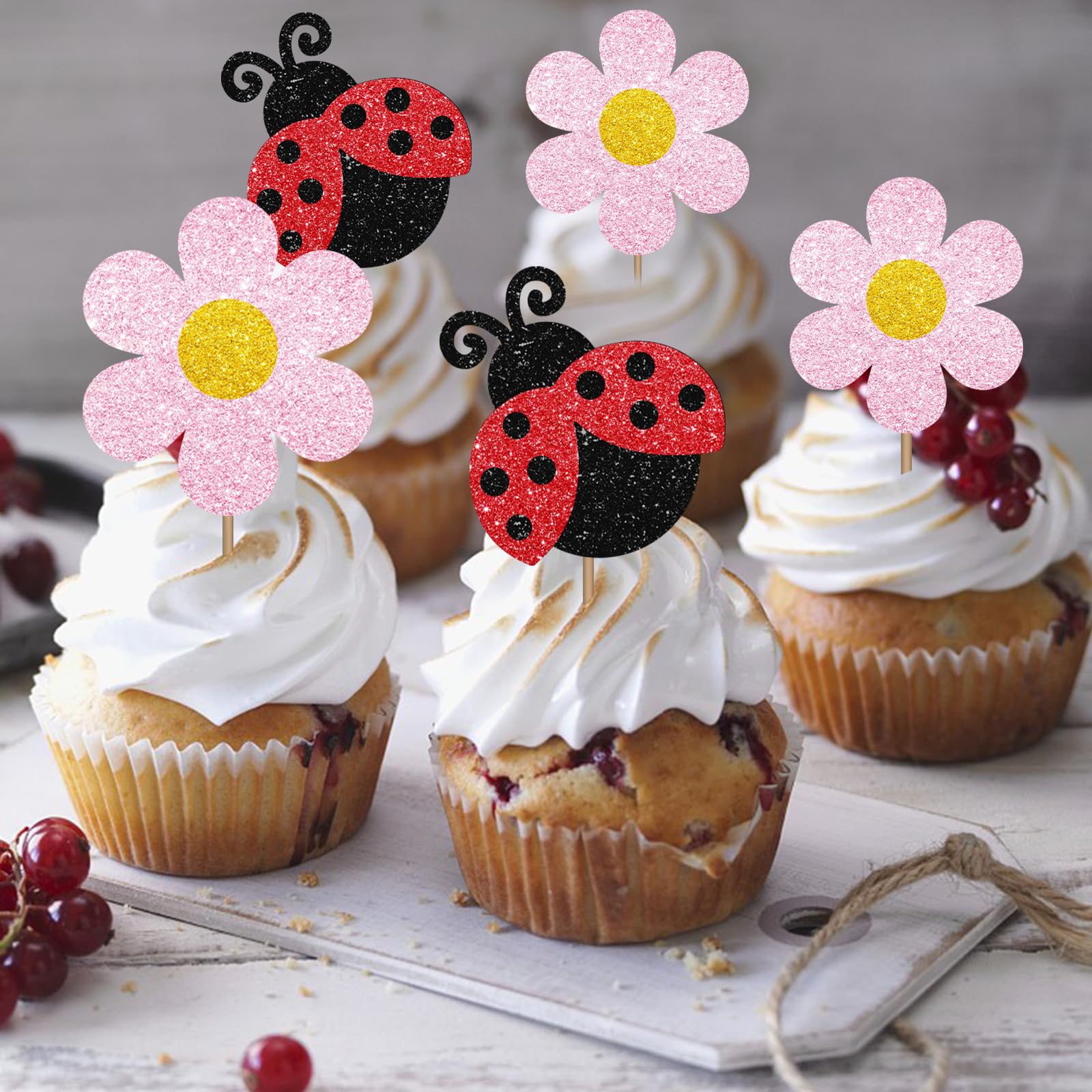 MINUET MINUTE 24PCS Ladybug Cupcake Toppers – Pink Flower Dessert Picks for Summer Garden Parties