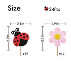 MINUET MINUTE 24PCS Ladybug Cupcake Toppers – Pink Flower Dessert Picks for Summer Garden Parties