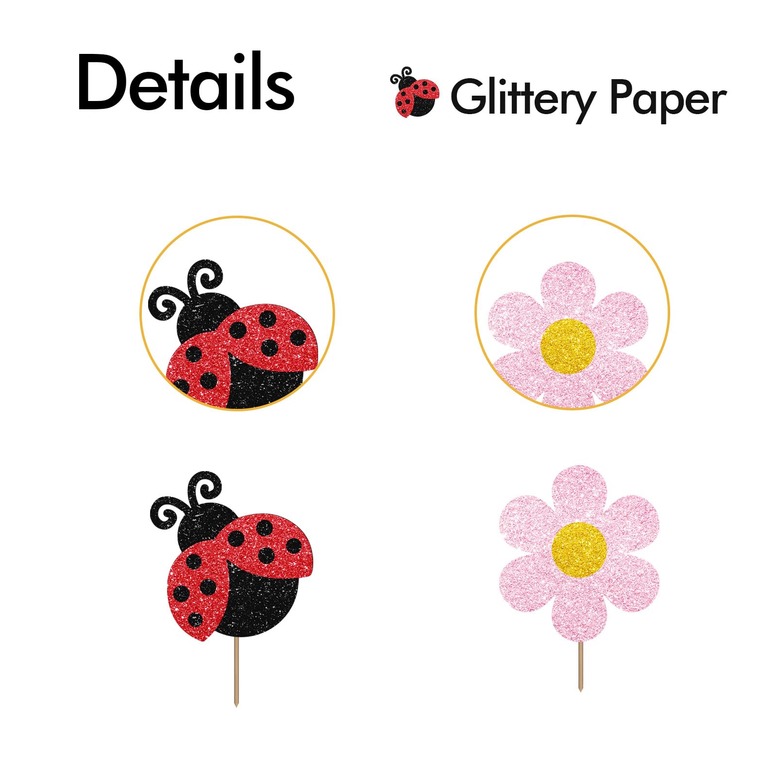 MINUET MINUTE 24PCS Ladybug Cupcake Toppers – Pink Flower Dessert Picks for Summer Garden Parties