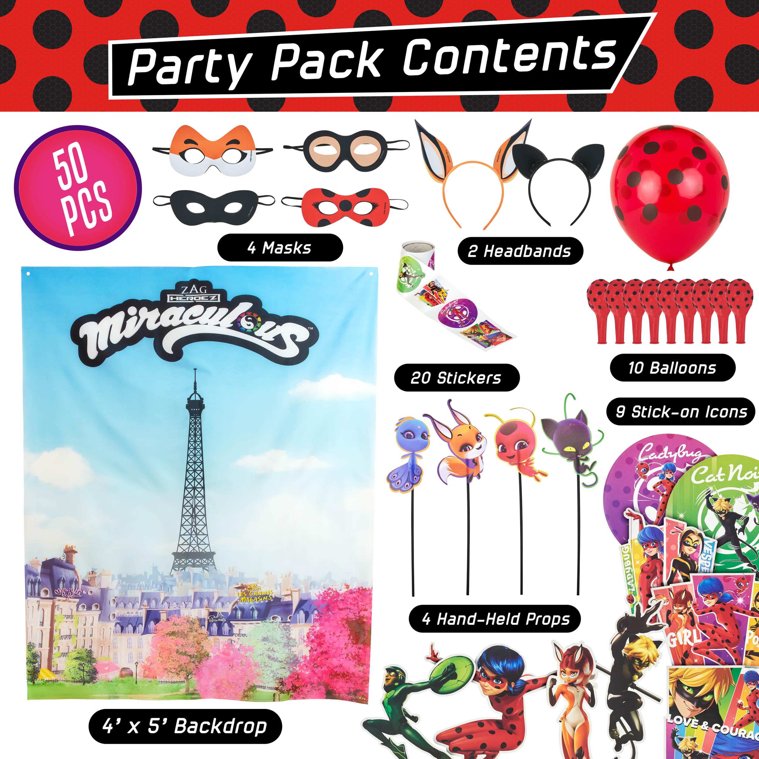 Miraculous Ladybug 50pc Birthday Party Supplies Set – All-in-One Celebration Kit with Backdrop, Props & Tableware