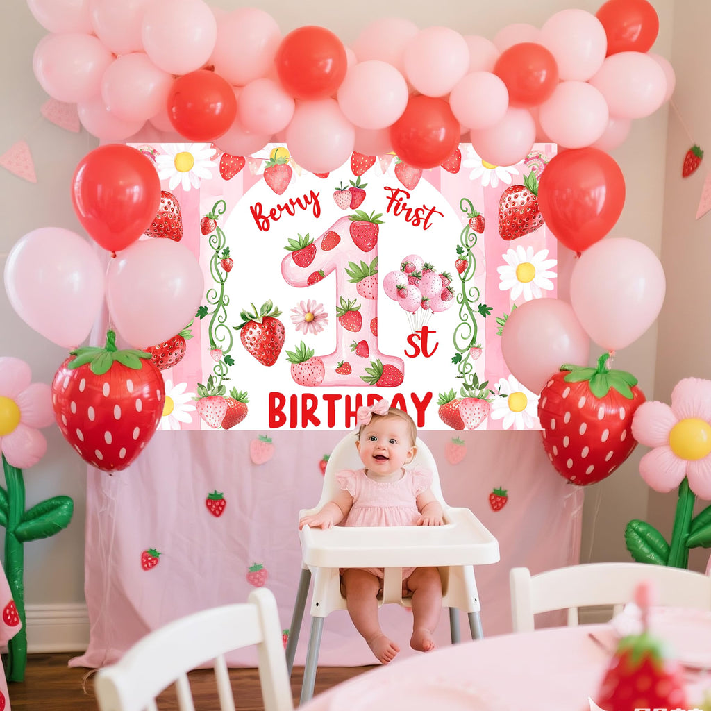Miruwtog Berry First Birthday Backdrop - Strawberry Daisy 1st Birthday Banner & Party Decor