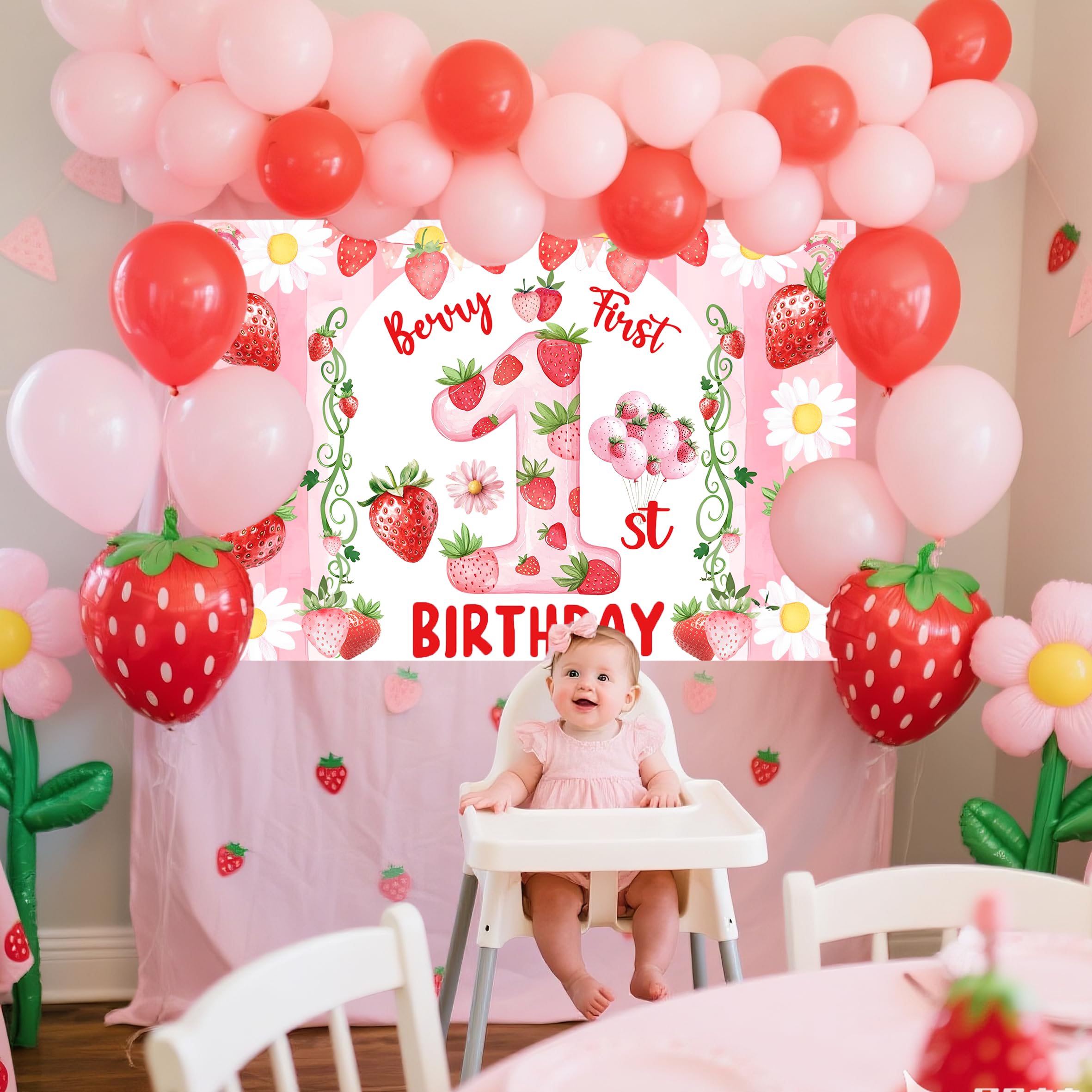 Miruwtog Berry First Birthday Backdrop - Strawberry Daisy 1st Birthday Banner & Party Decor