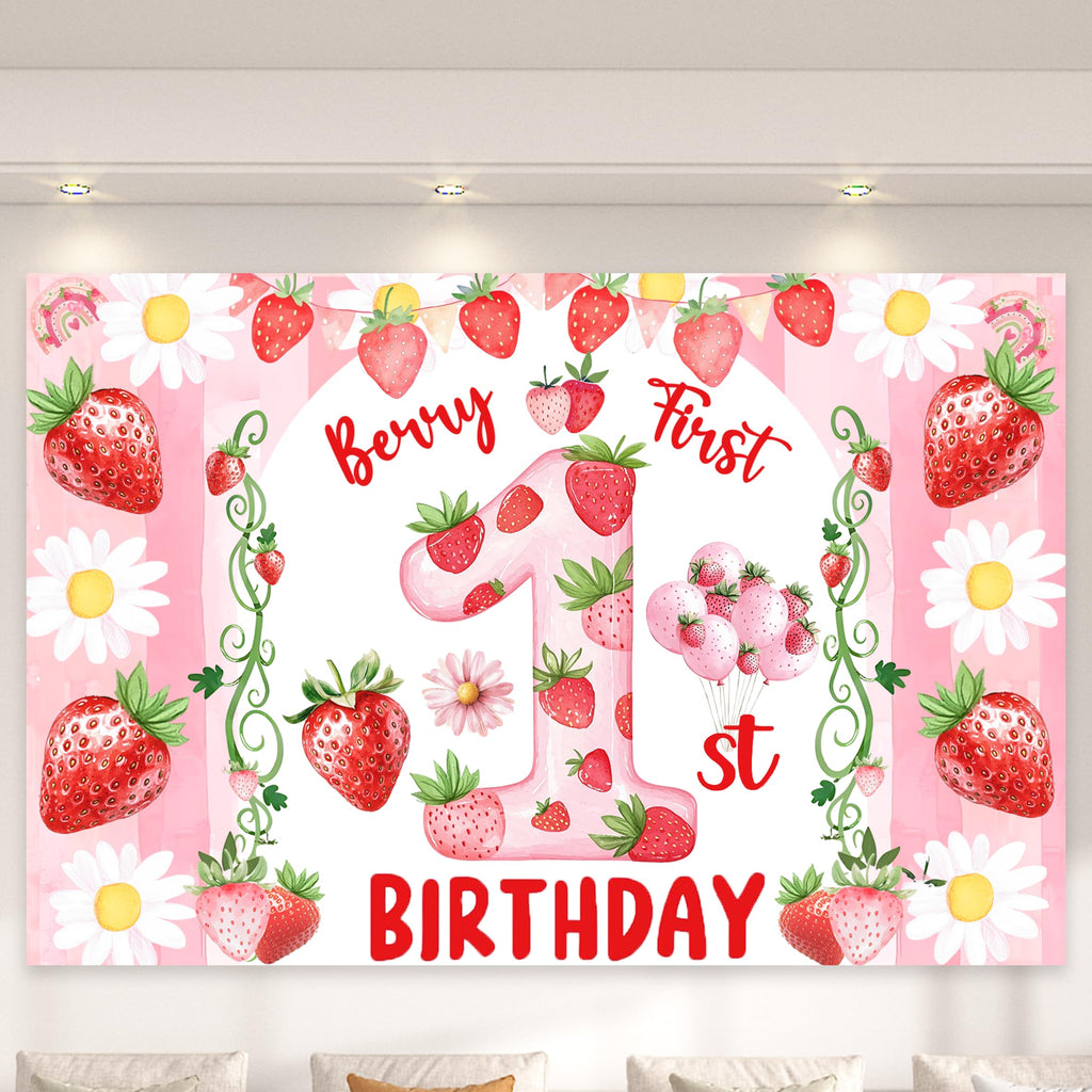 Miruwtog Berry First Birthday Backdrop - Strawberry Daisy 1st Birthday Banner & Party Decor