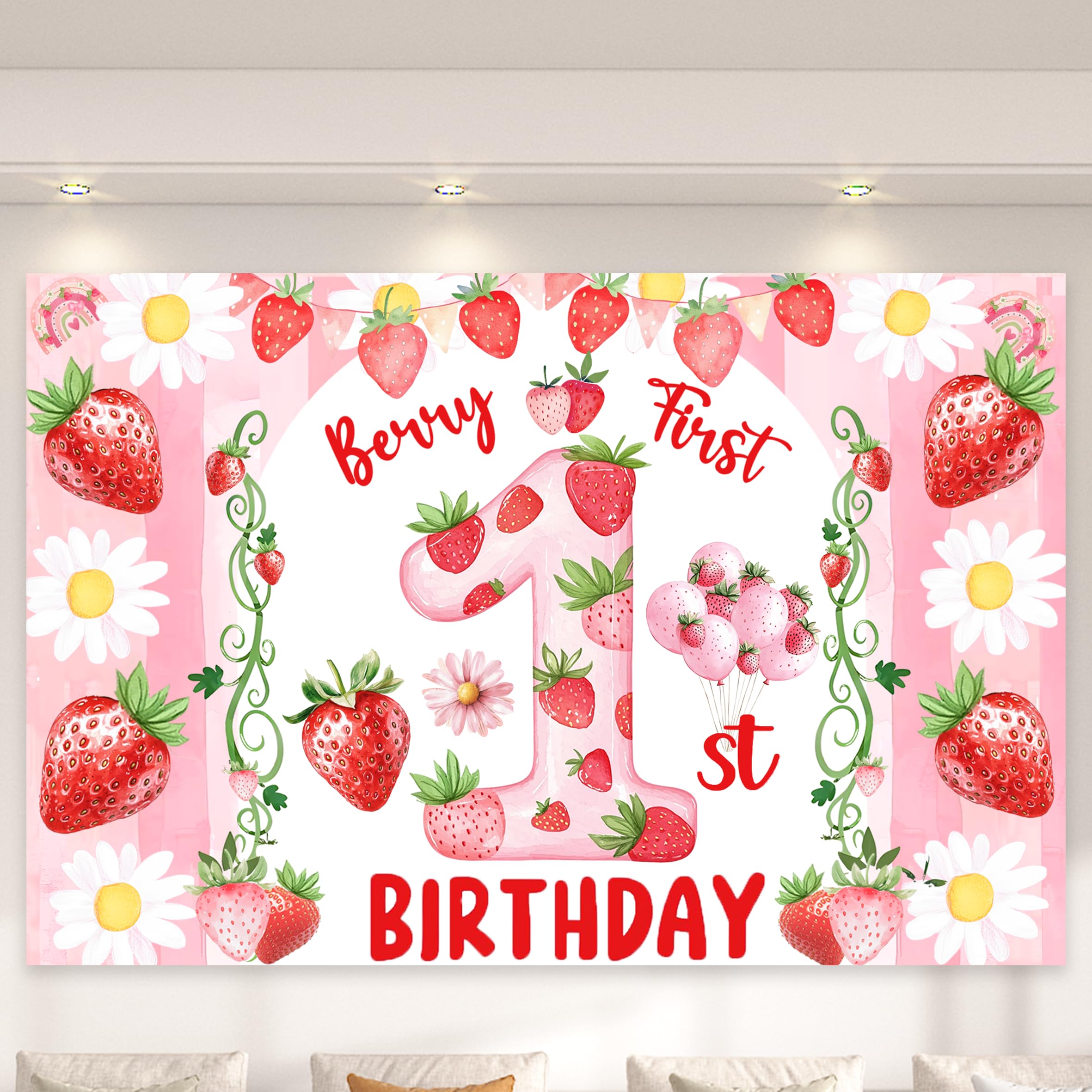 Miruwtog Berry First Birthday Backdrop - Strawberry Daisy 1st Birthday Banner & Party Decor