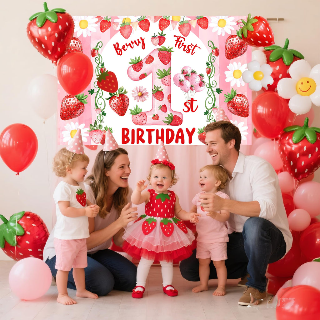 Miruwtog Berry First Birthday Backdrop - Strawberry Daisy 1st Birthday Banner & Party Decor