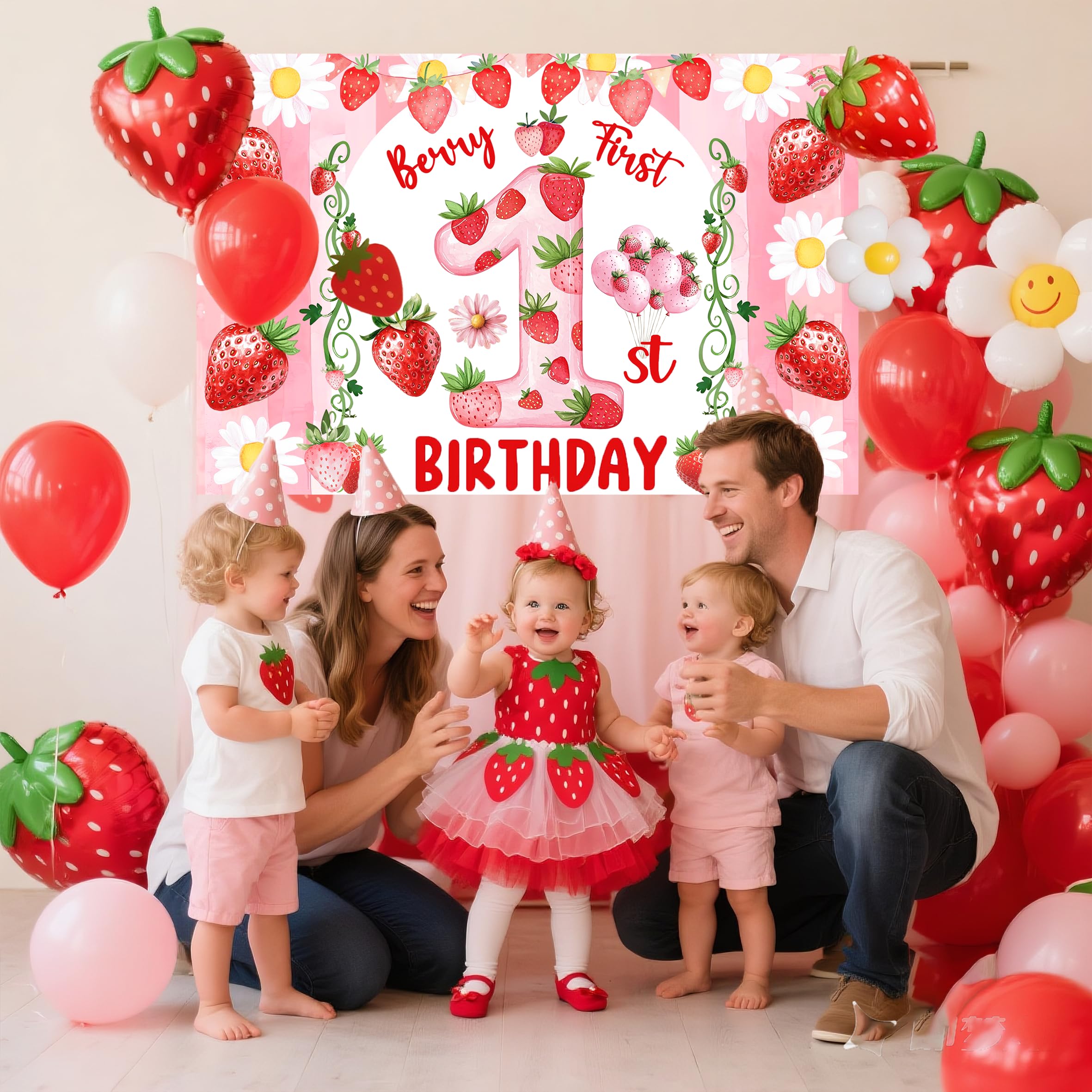 Miruwtog Berry First Birthday Backdrop - Strawberry Daisy 1st Birthday Banner & Party Decor