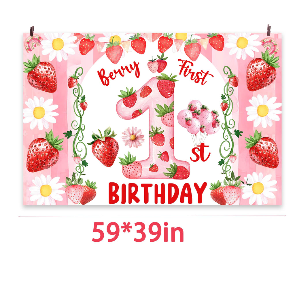 Miruwtog Berry First Birthday Backdrop - Strawberry Daisy 1st Birthday Banner & Party Decor
