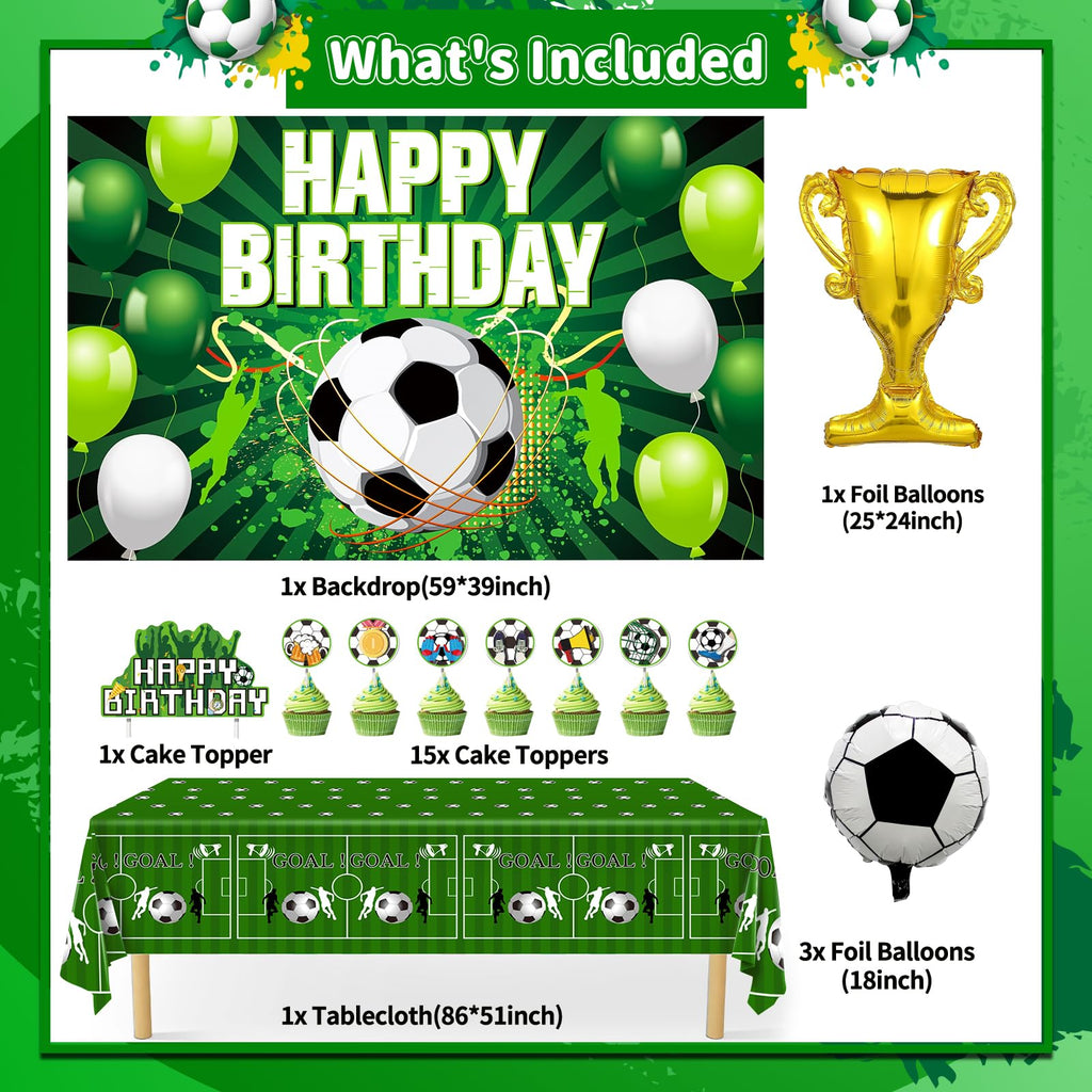 Miucat Soccer Party Decorations – 122Pcs Birthday Kit with Balloons, Banner, Tablecloth & Cake Toppers