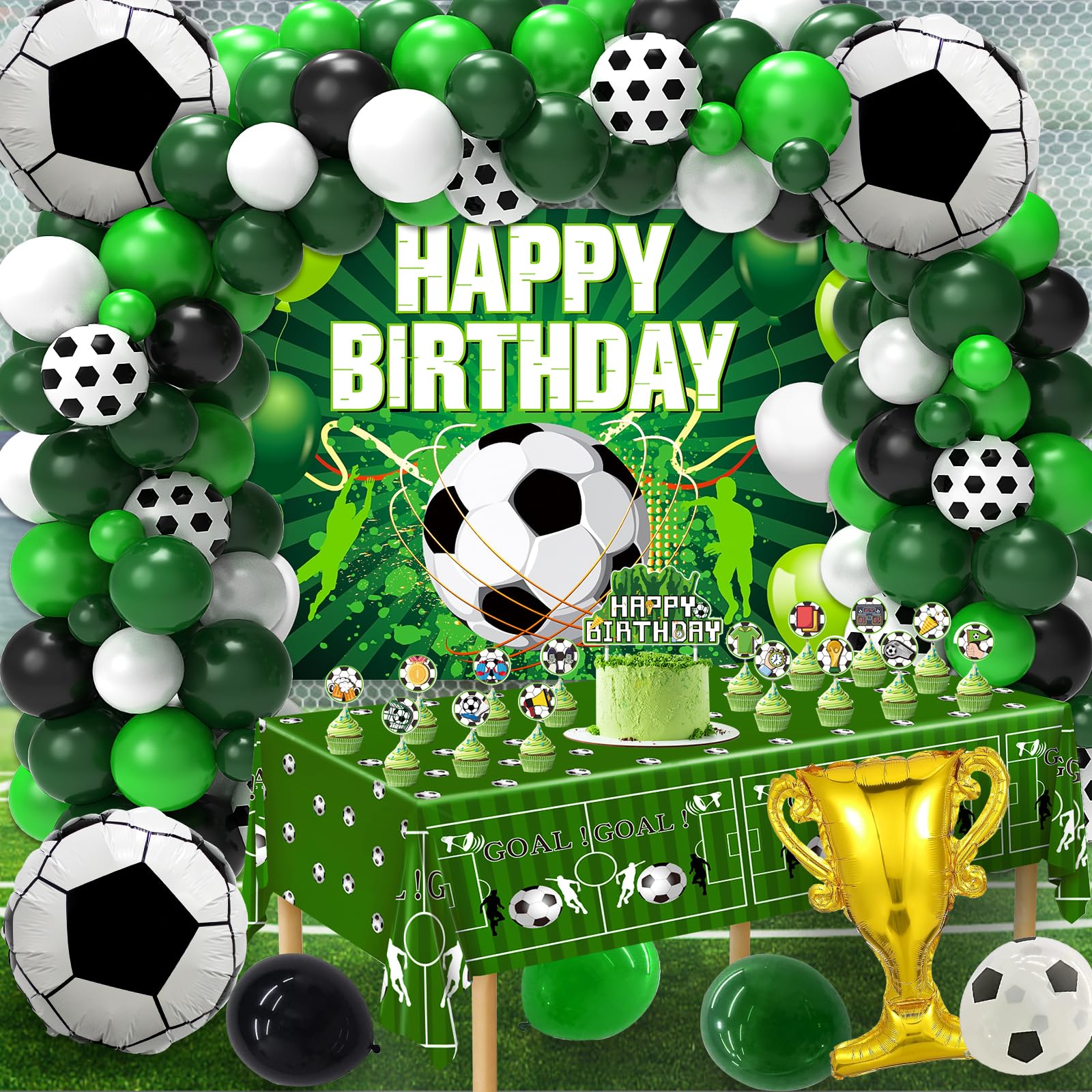 Miucat Soccer Party Decorations – 122Pcs Birthday Kit with Balloons, Banner, Tablecloth & Cake Toppers