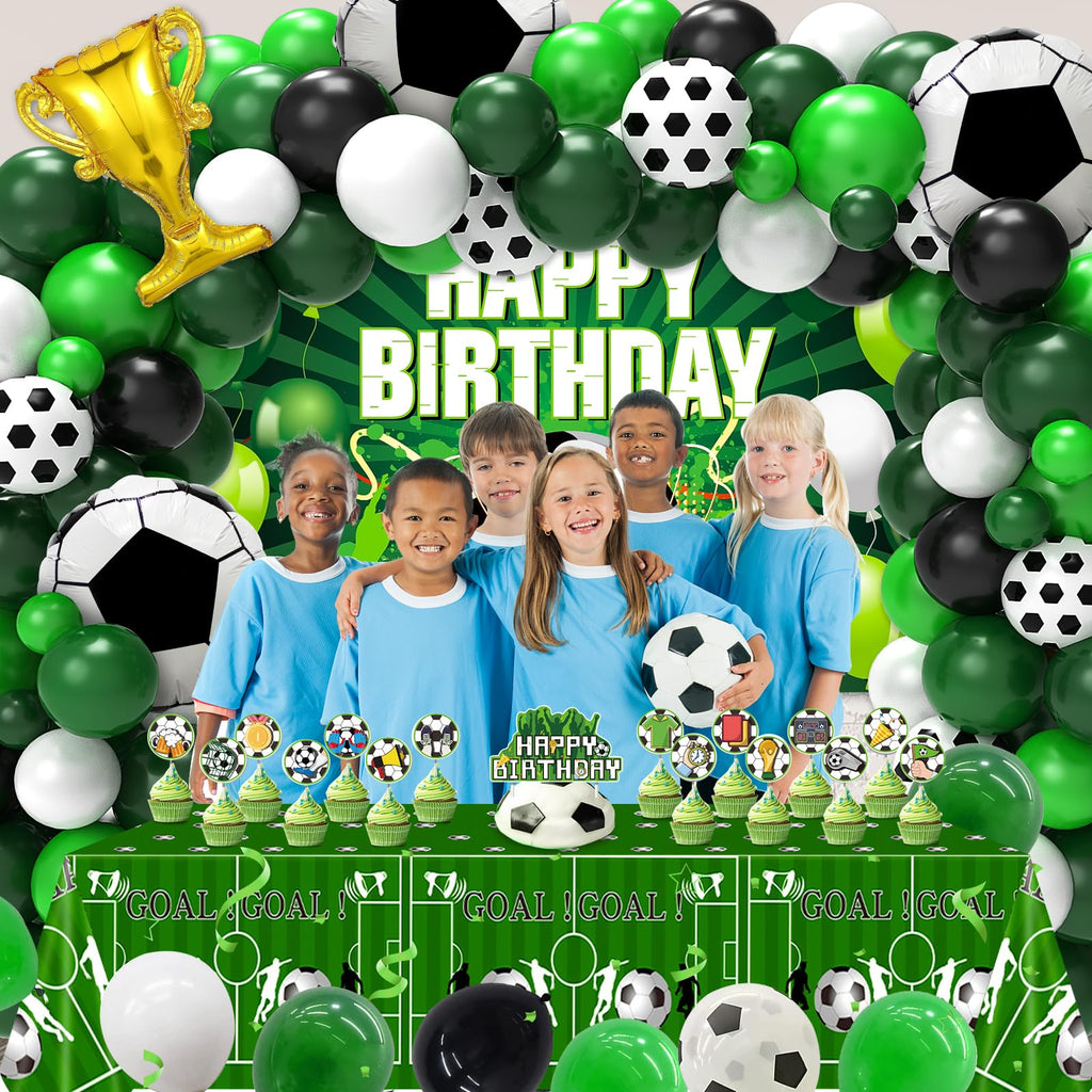 Miucat Soccer Party Decorations – 122Pcs Birthday Kit with Balloons, Banner, Tablecloth & Cake Toppers