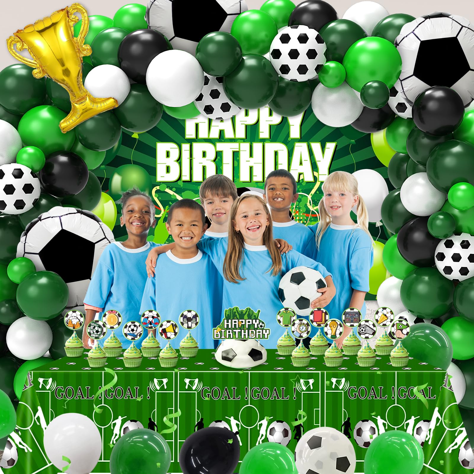 Miucat Soccer Party Decorations – 122Pcs Birthday Kit with Balloons, Banner, Tablecloth & Cake Toppers